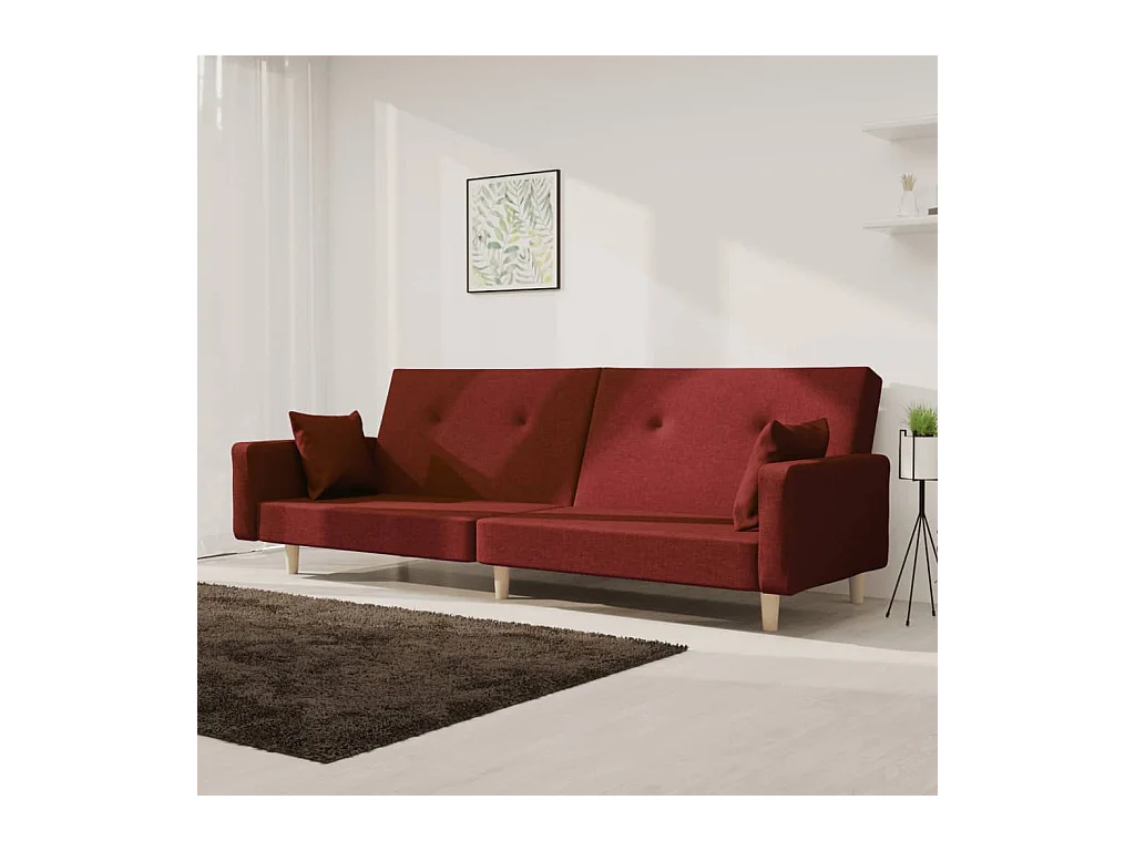 Canapé-lit à 2 places avec deux oreillers rouge bordeaux tissu