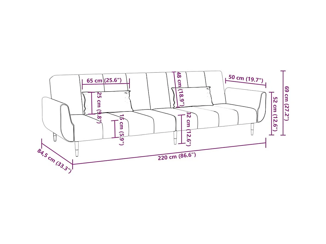 Sofá-cama 2 lugares com duas almofadas veludo cor creme