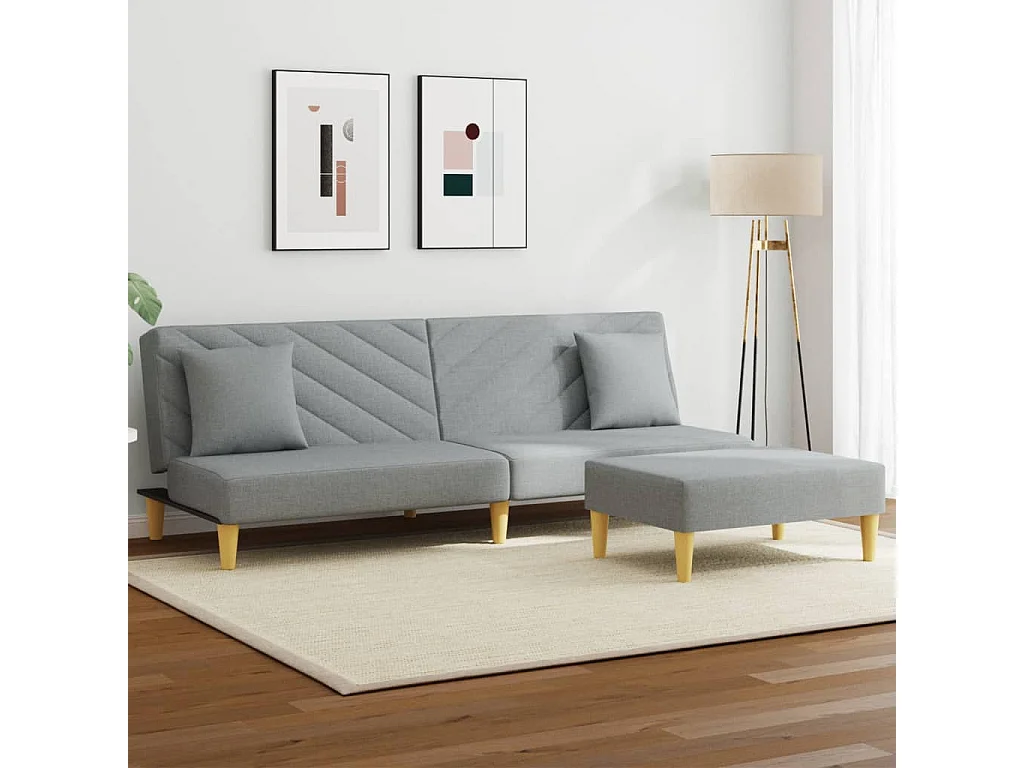 Divano Letto 2Posti Cuscini e Poggiapiedi Grigio Chiaro Tessuto
