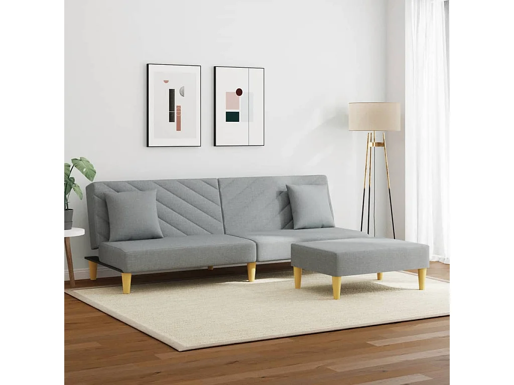 Schlafsofa 2-Sitzer mit Kissen und Fußhocker Hellgrau Stoff
