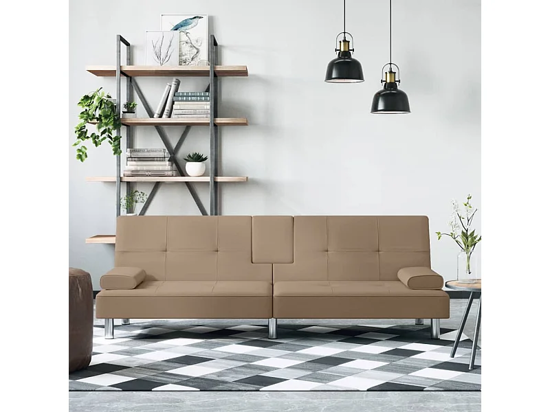 Divano Letto con Portabicchieri in Similpelle Cappuccino