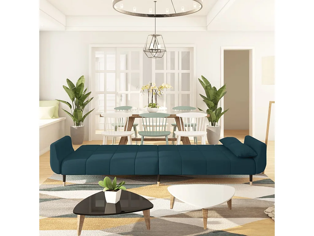 Divano Letto a 2 Posti con 2 Cuscini Blu in Velluto