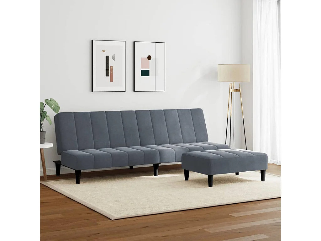 Sofá-cama 2 lugares c/ apoio de pés veludo cinzento-escuro