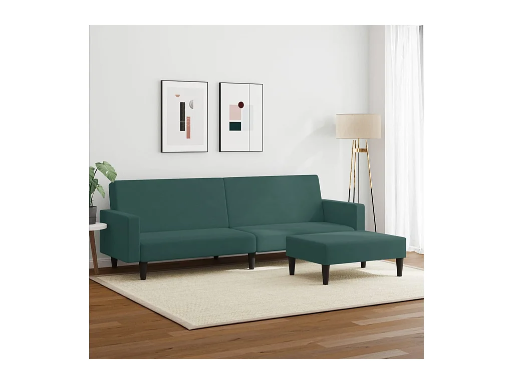 Sofá-cama 2 lugares c/ apoio de pés veludo verde-escuro