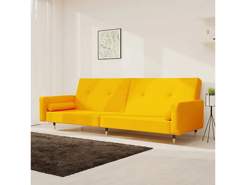 Sofá-cama 2 lugares com duas almofadas veludo amarelo