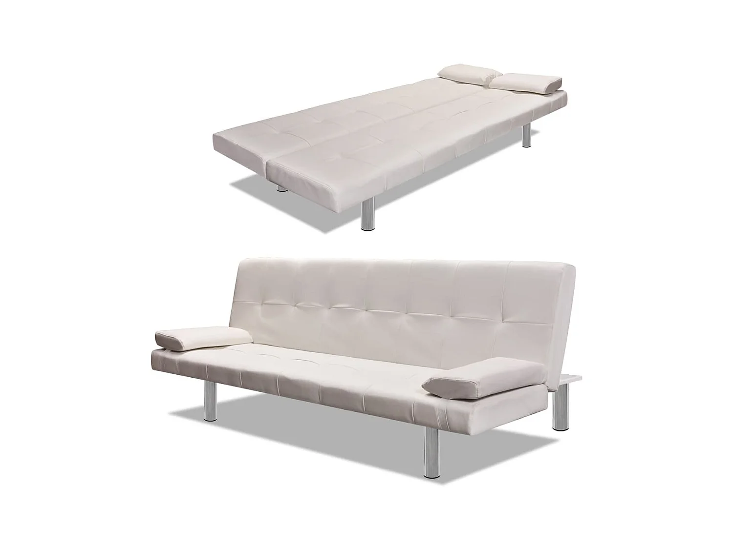 Sofá-cama ajustável c/ 2 almofadas couro artificial branco nata