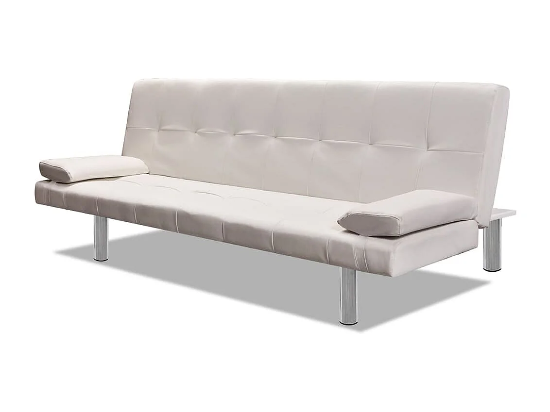 Sofá-cama ajustável c/ 2 almofadas couro artificial branco nata