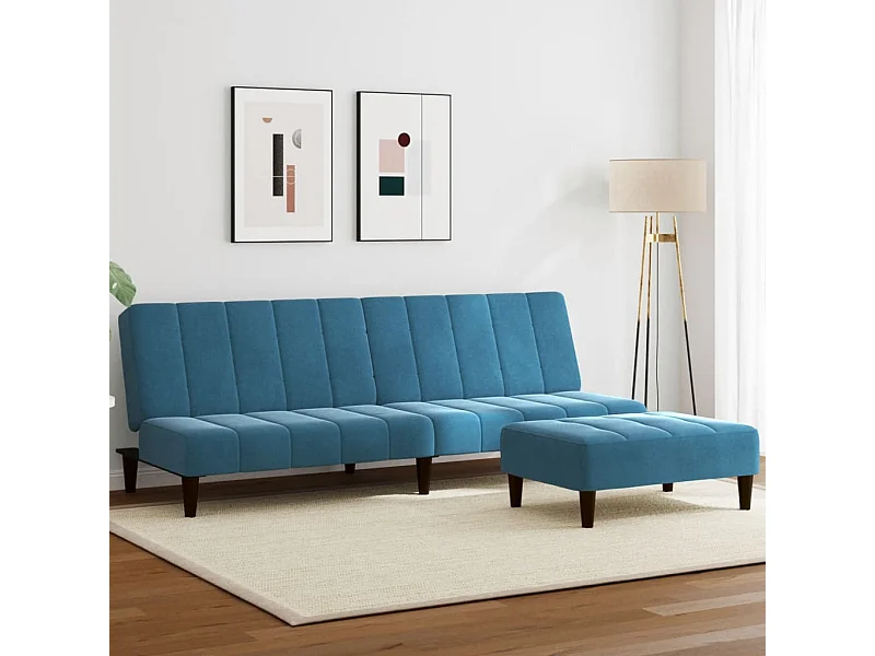 Sofá cama de 2 plazas con taburete terciopelo azul