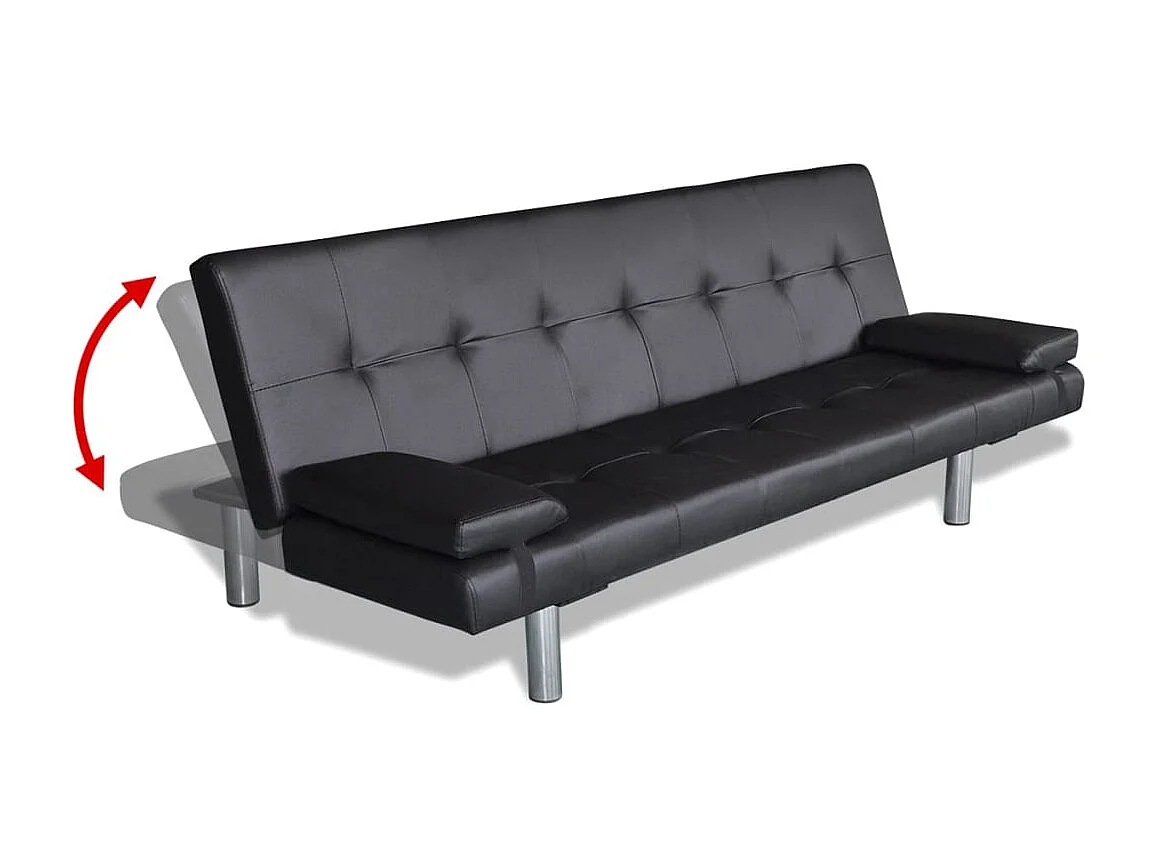 Sofa-cama ajustável com 2 almofadas couro artificial preto