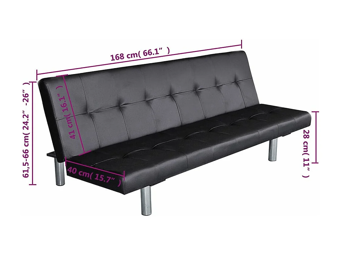 Sofa-cama ajustável com 2 almofadas couro artificial preto