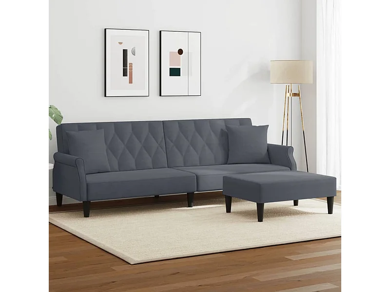 Sofá-cama 2 lugares c/ almofadas/apoio pés veludo cinza-escuro