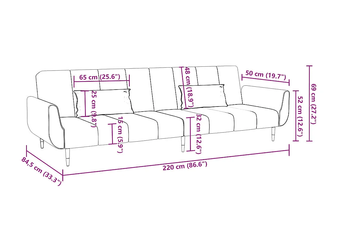 Sofá-cama 2 lugares com duas almofadas veludo rosa