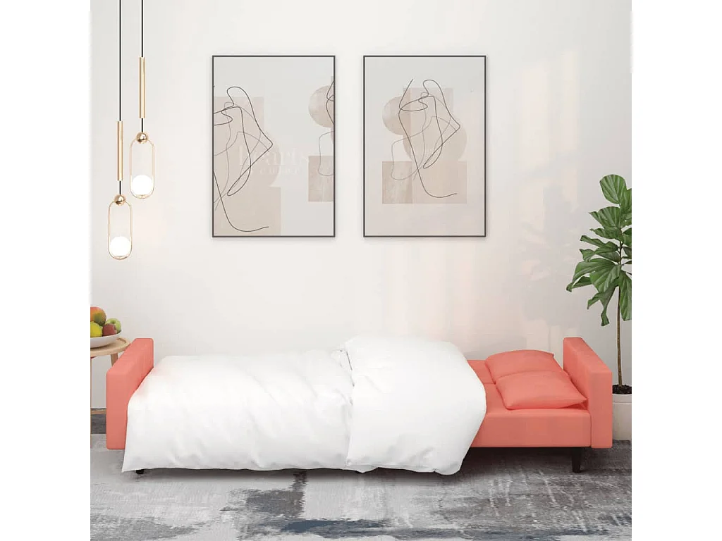 Sofá cama de 2 plazas con dos almohadas terciopelo rosa