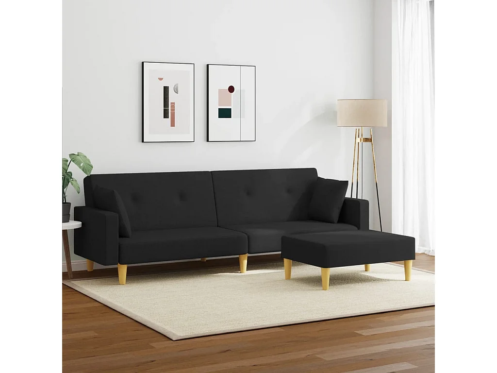 Sofá cama de 2 plazas con taburete tela negro