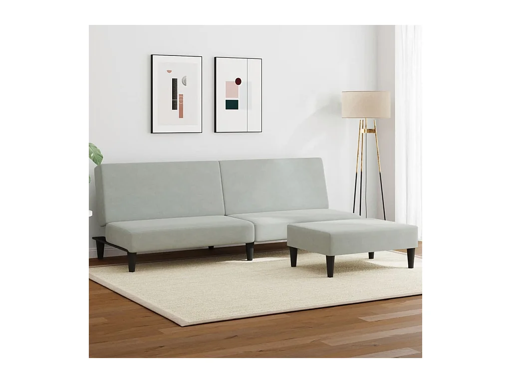 Sofá cama de 2 plazas con taburete terciopelo gris claro