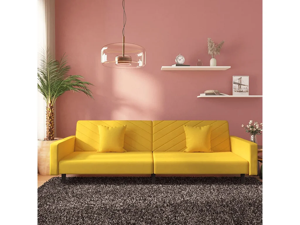 Sofá-cama 2 lugares com duas almofadas veludo amarelo