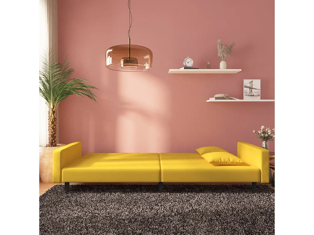 Sofá-cama 2 lugares com duas almofadas veludo amarelo