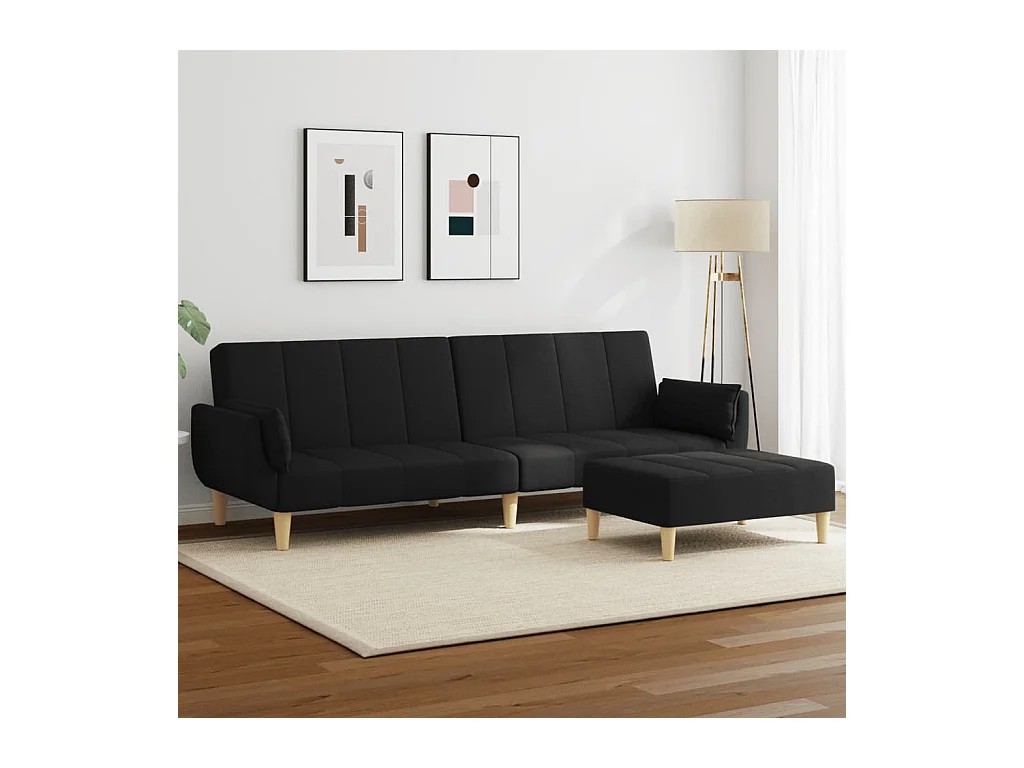Sofá-cama de 2 lugares com apoio de pés tecido preto