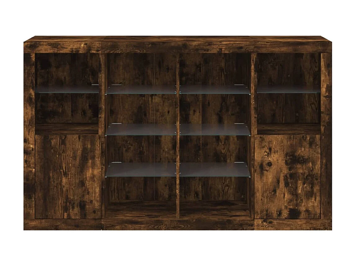 Aparador con luz LED 3 pzas madera de ingeniería roble ahumado