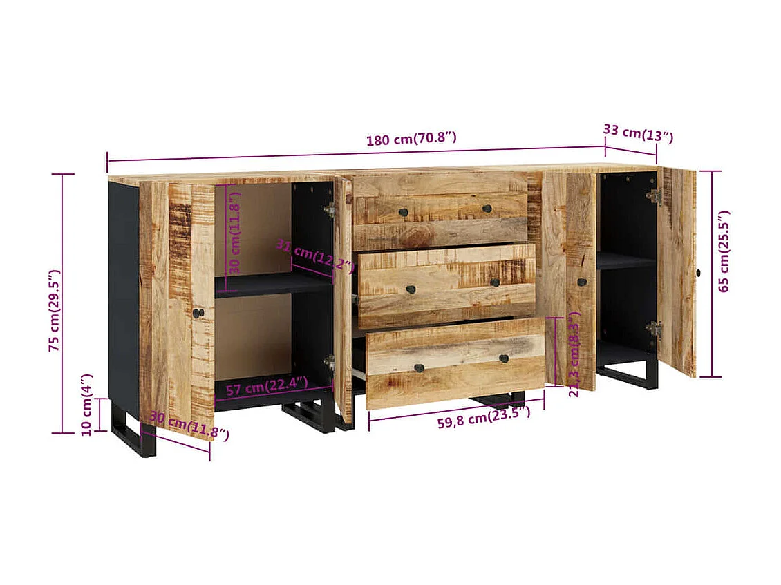 Buffets 3 pcs Bois de manguier brut