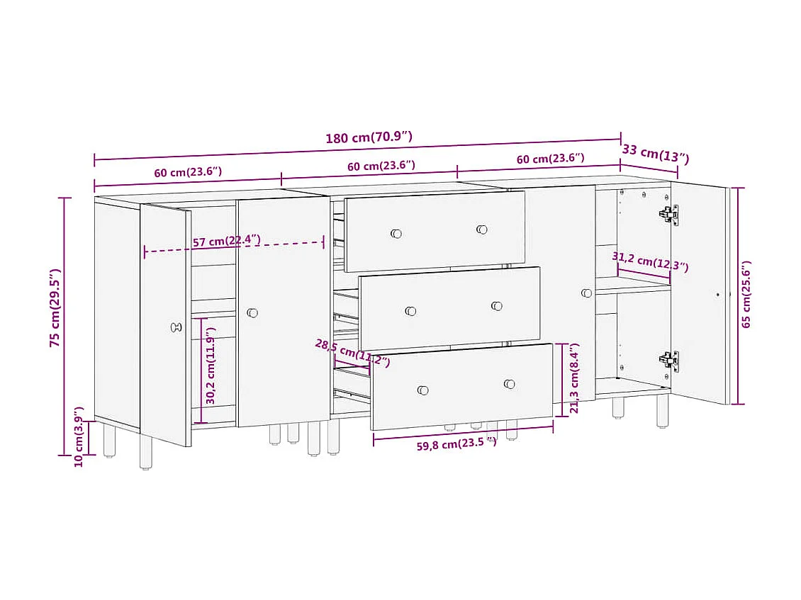 Credenze 3 pz Nero 60x33x75 cm in Legno Massello di Mango