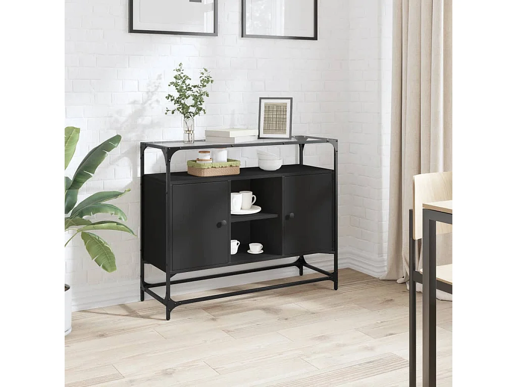 Credenza con Piano in Vetro Nero 98x35x81cm Legno Multistrato