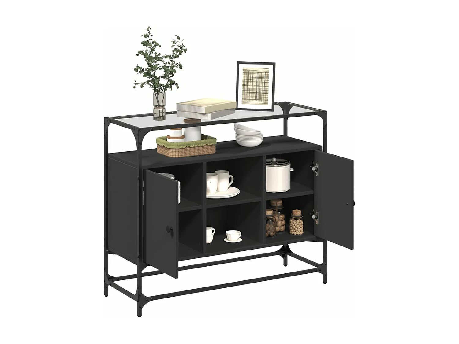 Credenza con Piano in Vetro Nero 98x35x81cm Legno Multistrato