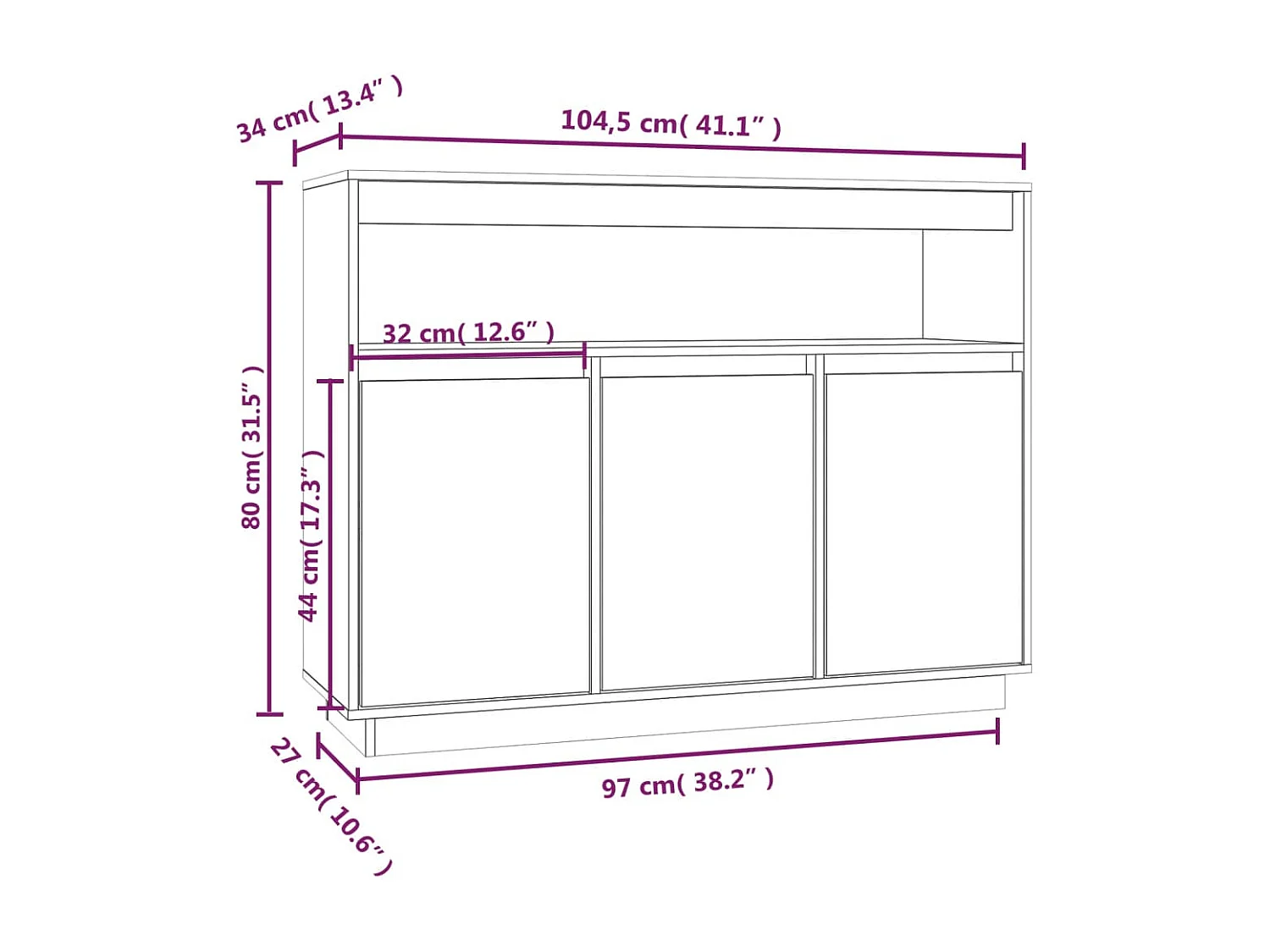 Credenza Bianca 104,5x34x80 cm in Legno Massello di Pino