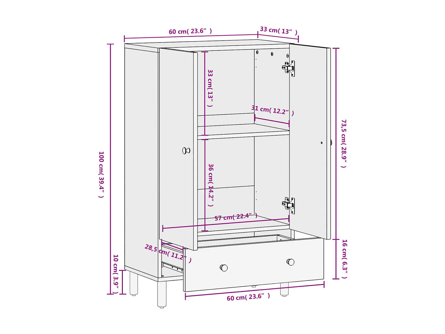 Credenza Nera 60x33x100 cm in Legno Massello di Mango