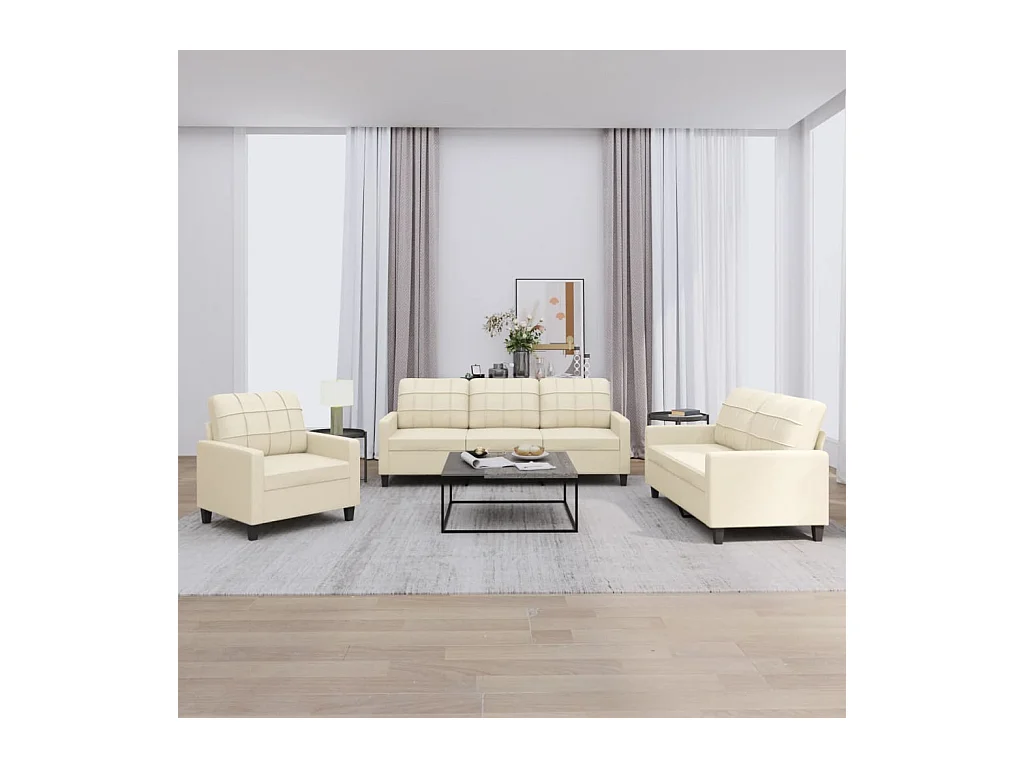 3-tlg. Sofagarnitur mit Kissen Creme Kunstleder
