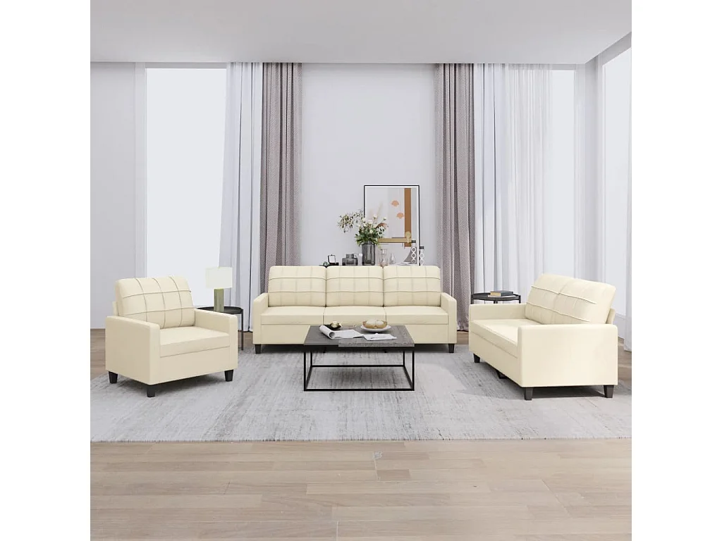 Set di Divani 3 pz con Cuscini crema in Similpelle