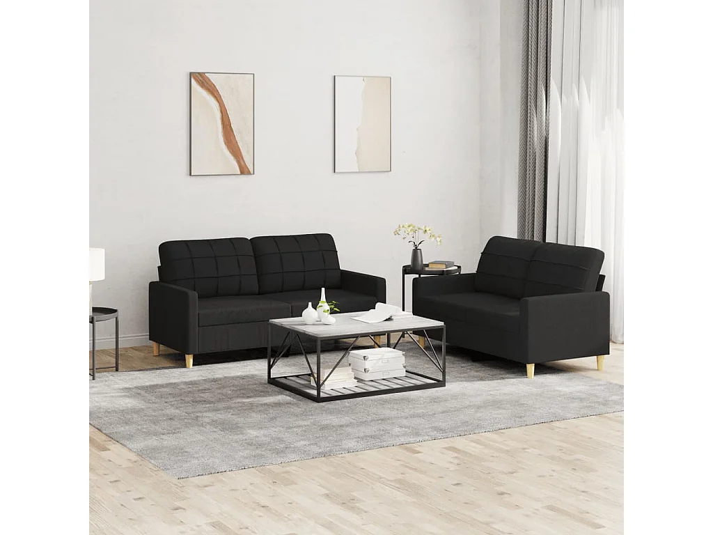 Set di Divani 2 pz con Cuscini Nero in Tessuto