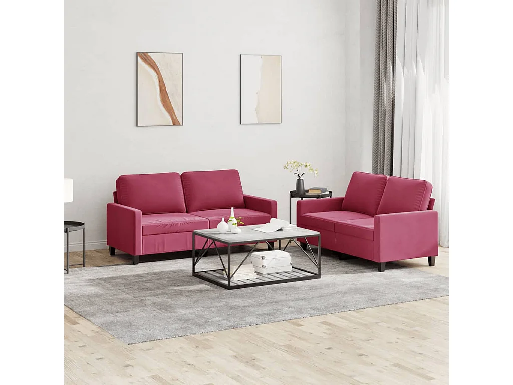 2 pcs conjunto de sofás com almofadões veludo vermelho tinto