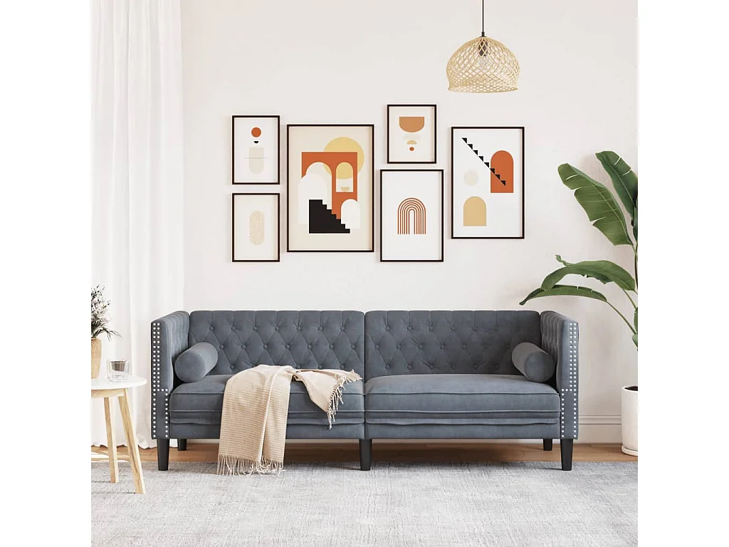 Sofá chesterfield com rolos 3 lugares veludo cinzento-escuro