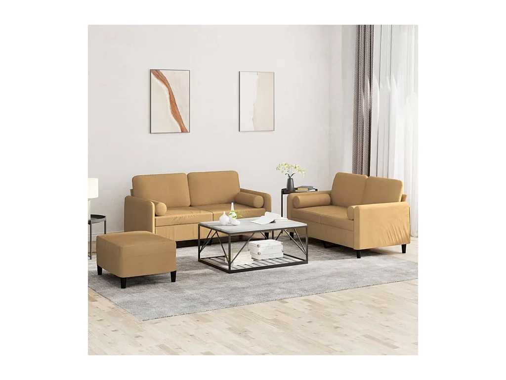 Set di Divani 3 pz con Cuscini Marrone in Velluto