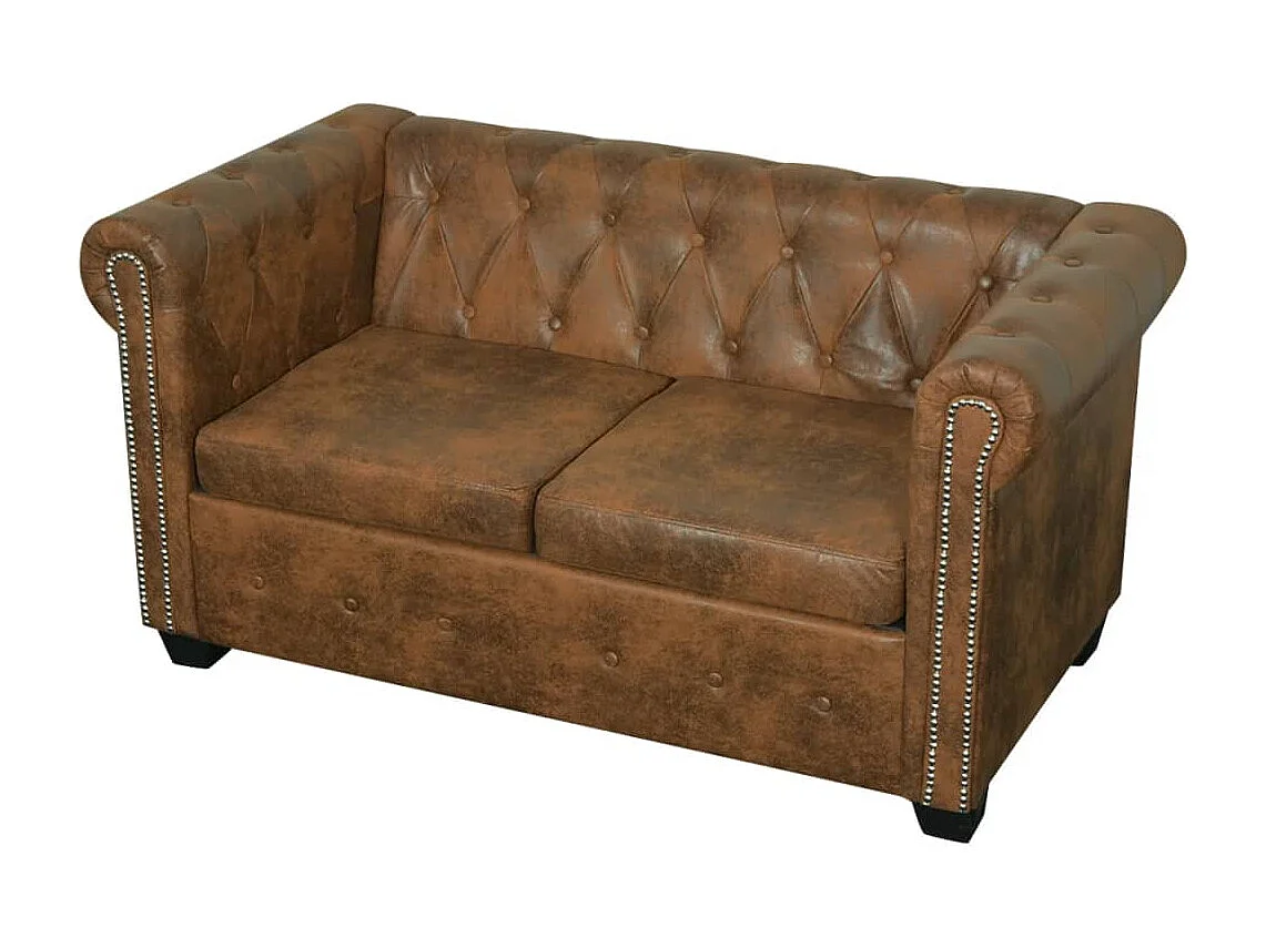 Sofá Chesterfield 2 lugares couro artificial castanho