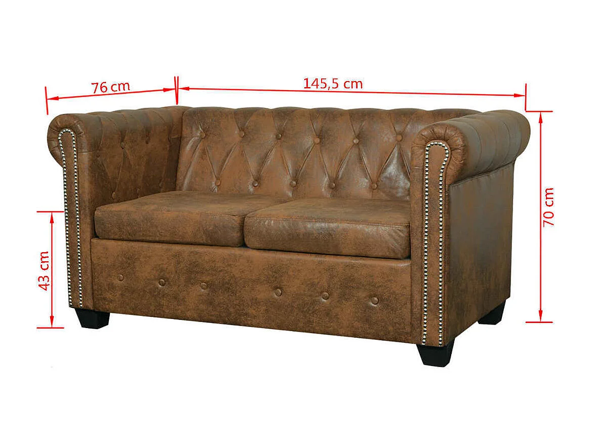 Sofá Chesterfield 2 lugares couro artificial castanho