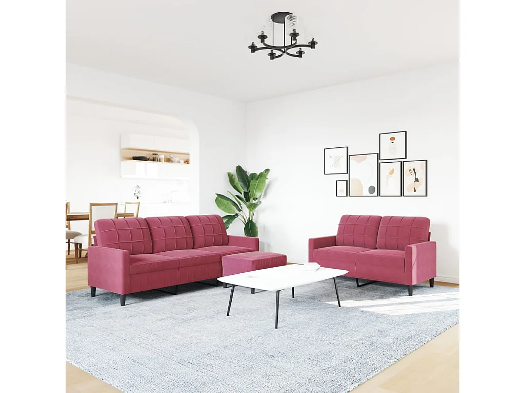 3 pcs conjunto de sofás com almofadões veludo vermelho tinto