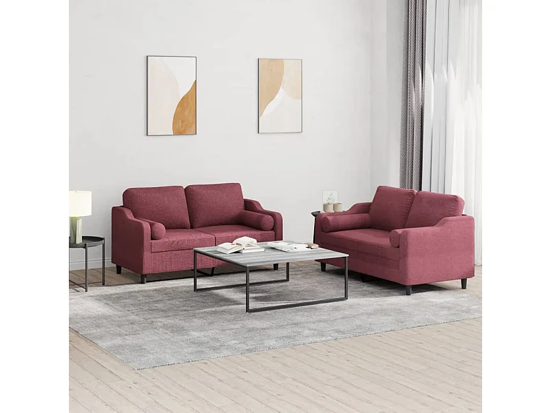 Set di Divani 2 pz con Cuscini Rosso Vino in Tessuto