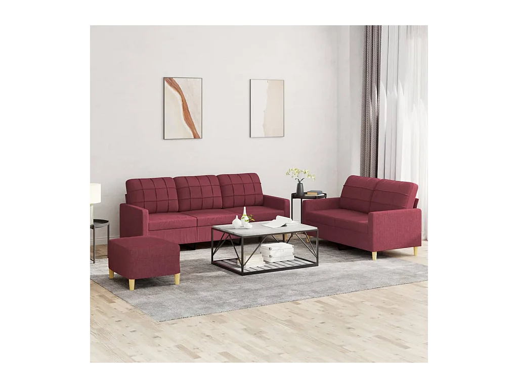 Set di Divani 3 pz con Cuscini Rosso Vino in Tessuto