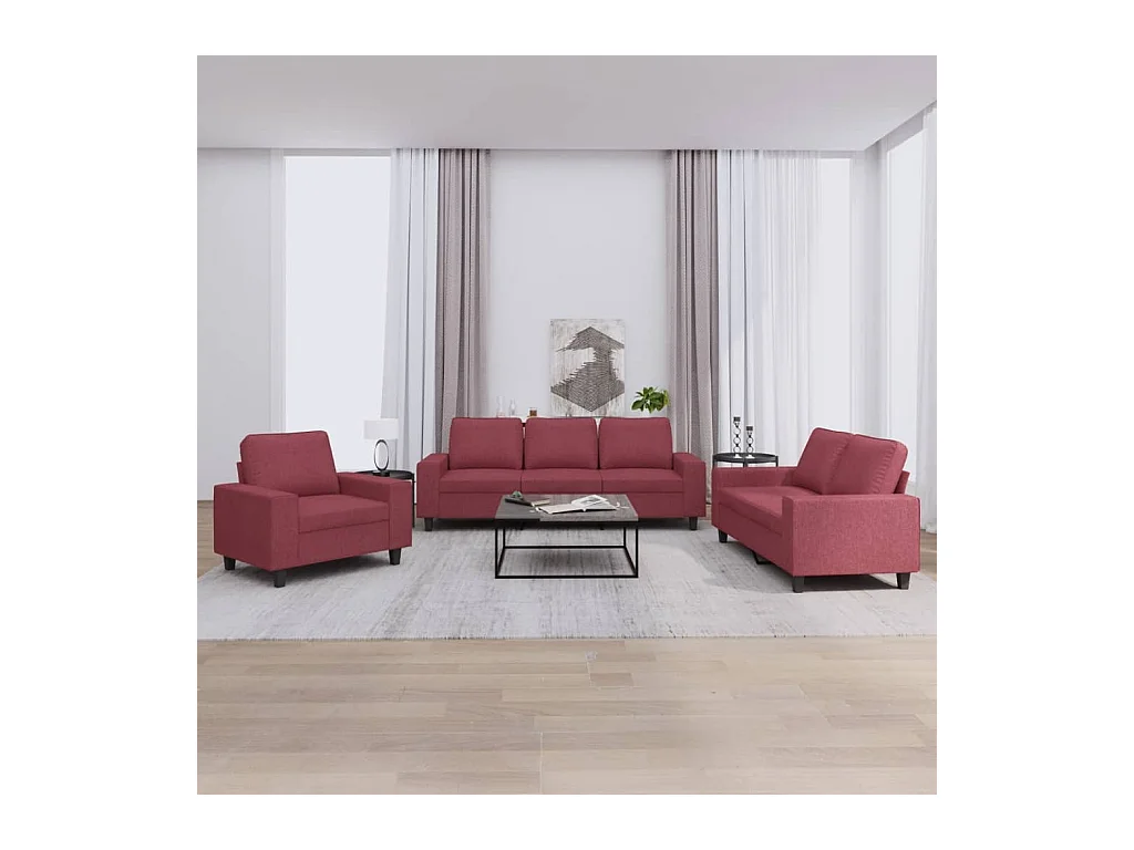 Set di Divani 3 pz Rosso Vino in Tessuto