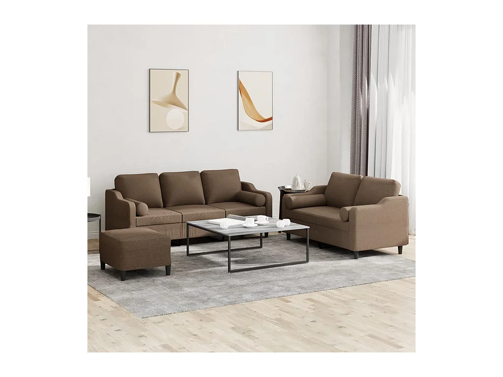 Ensemble de canapés 3 pcs avec coussins marron tissu