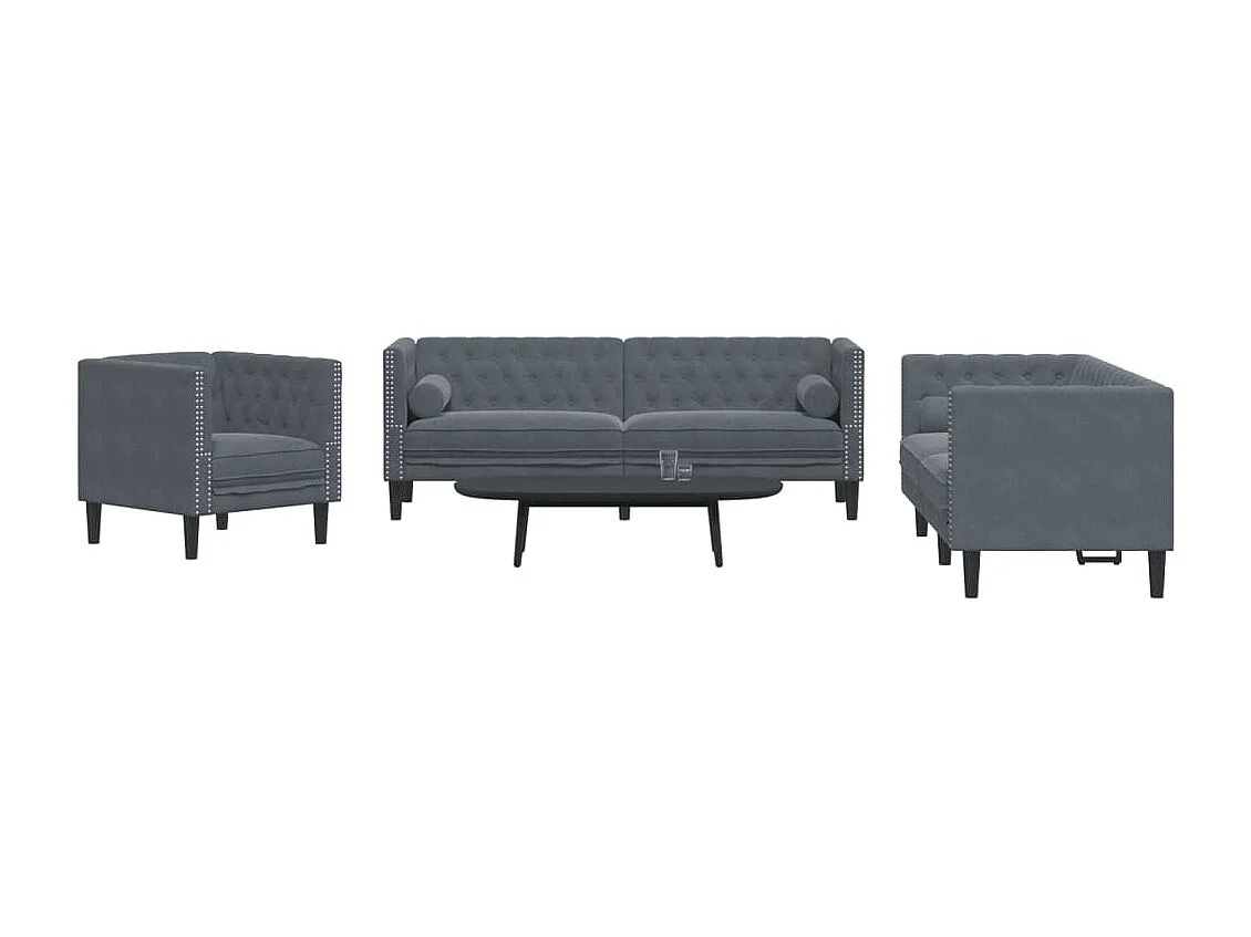 Set sofás Chesterfield con cojines 3 pzs terciopelo gris oscuro