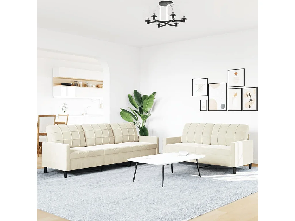 2-tlg. Sofagarnitur mit Kissen Creme Samt