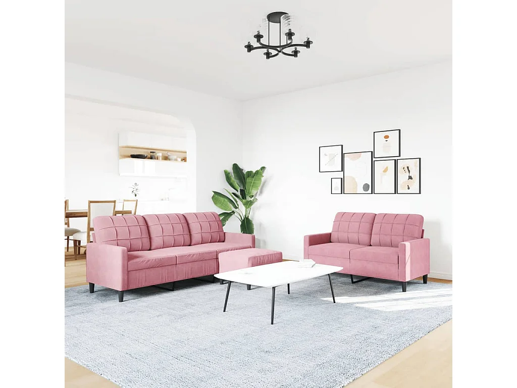 3-tlg. Sofagarnitur mit Kissen Rosa Samt