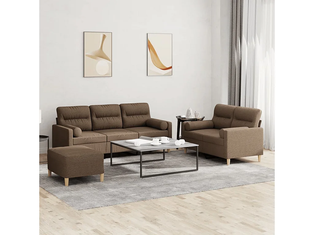 Ensemble de canapés 3 pcs avec coussins marron tissu