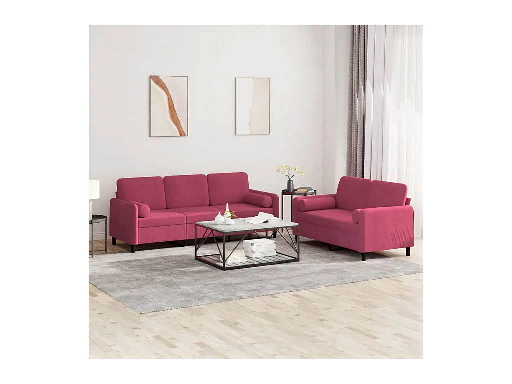 Ensemble de canapés 2 pcs avec coussins rouge bordeaux velours