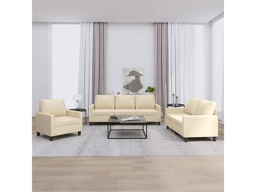Set di Divani 3 pz con Cuscini Crema in Tessuto
