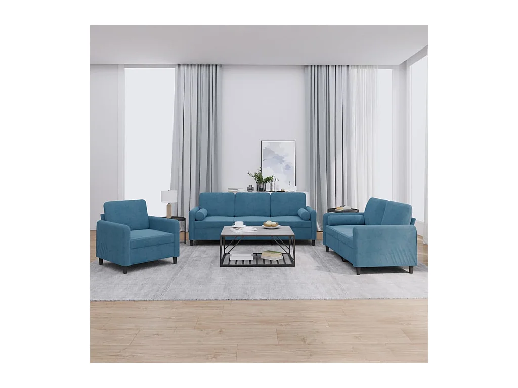 Ensemble de canapés 3 pcs avec coussins bleu velours