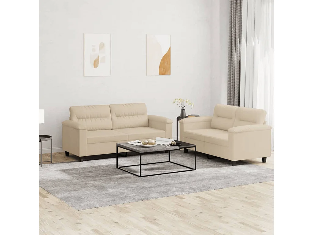 Ensemble de canapés 2 pcs avec coussins crème tissu microfibre